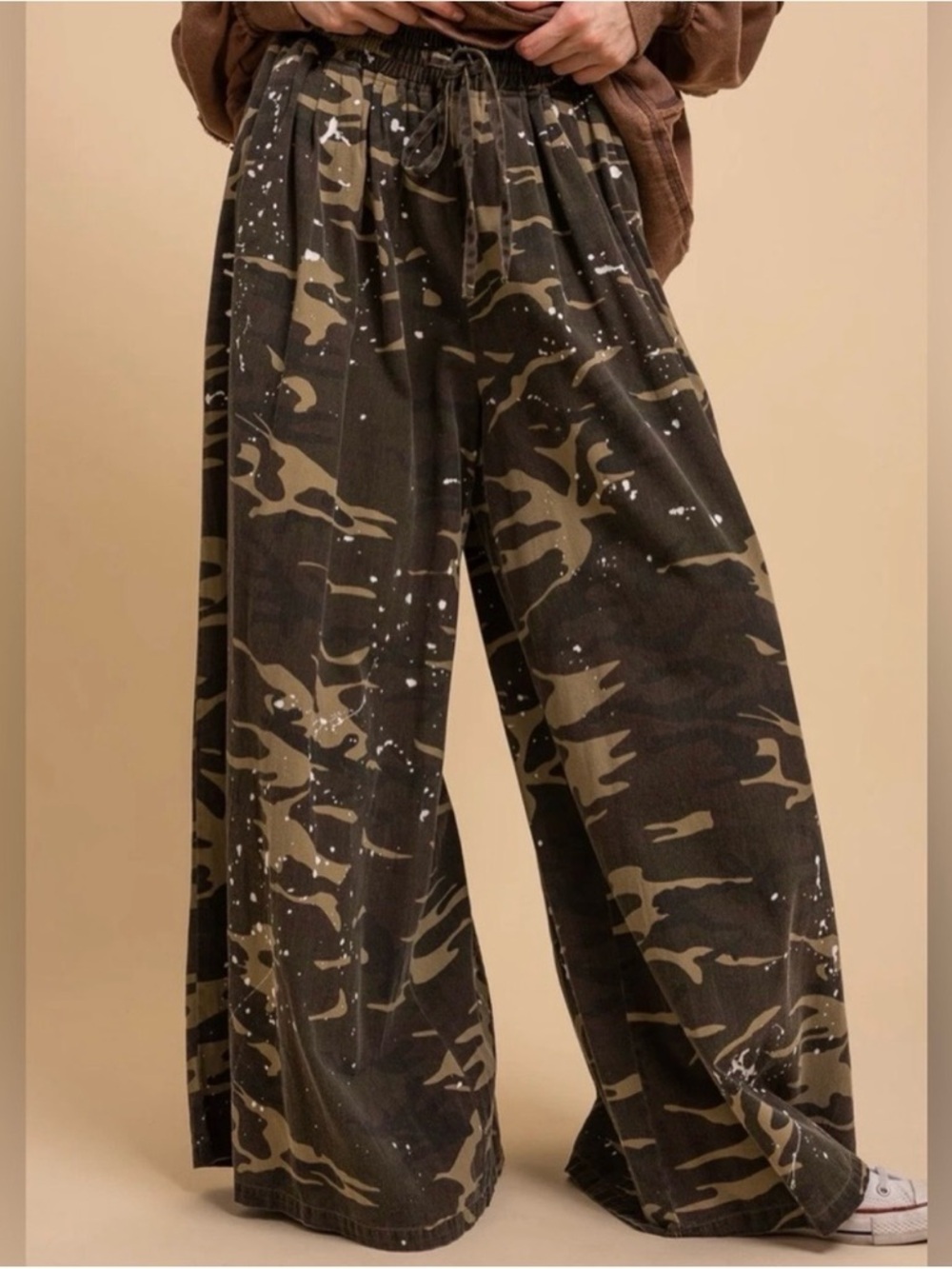 Wide Leg Camo Print Pants in Olive & Black